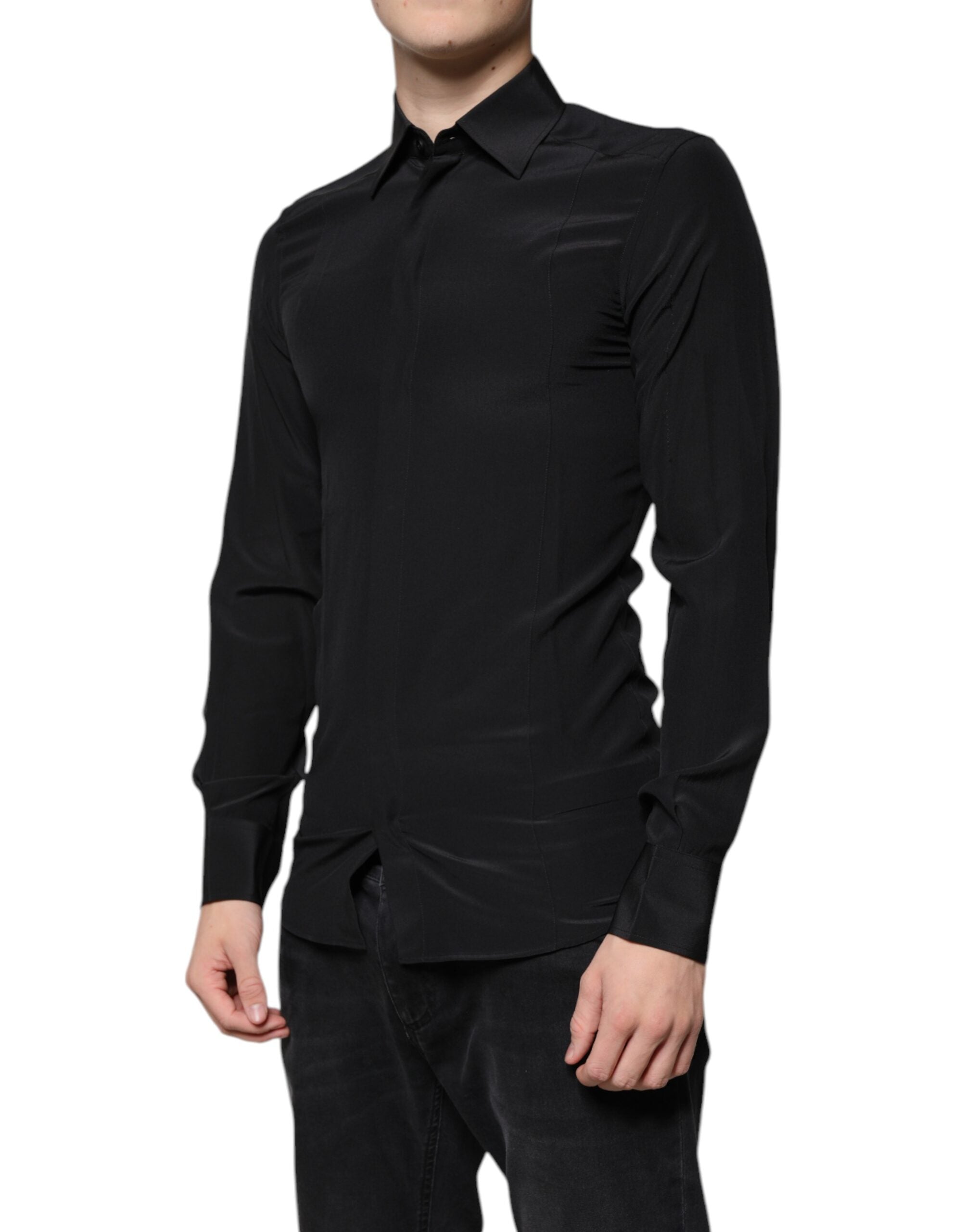 Dolce & Gabbana Black silk shirt with long sleeves GOLD